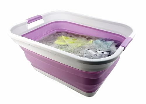 Image of SAMMART 41L (10.8 gallon) Collapsible Plastic Laundry Basket - Foldable Pop Up Storage Container /Organizer - Portable Washing Tub - Space Saving (Rectangular, Ceramic Blue+Pale Purple (Set of 2))
