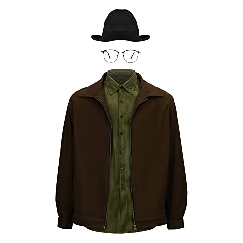 Meborist Mens Walter White Jacket Shirt Costume Heisenberg Coat Hat Glasses Windbreak Outfit Halloween Cosplay Suit (X-Large)