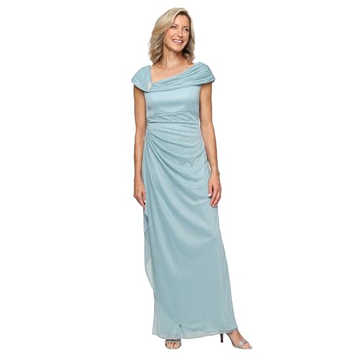 Image of Alex Evenings Women's Long L-Neck Glitter Mesh Mother of the Bride Dress with Ruched Neckline