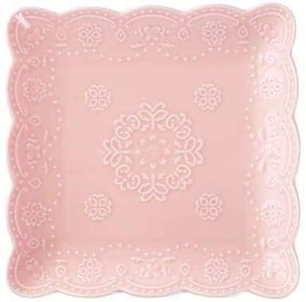 YBK Tech Elegant Square Embossed Lace Plate, Ceramic Serving Plate for Breakfast Afternoon Tea (Pink, 10-inch)
