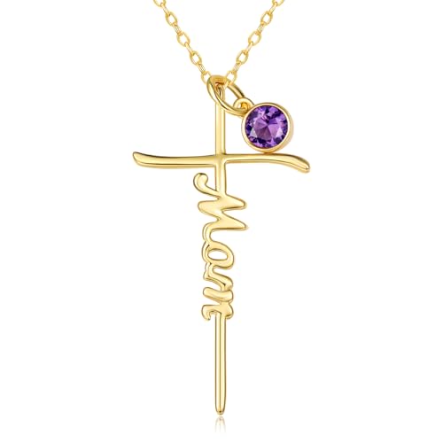 Mom Birthday Gift 14K Gold Plated Cross Necklaces Amethyst Birthstone
