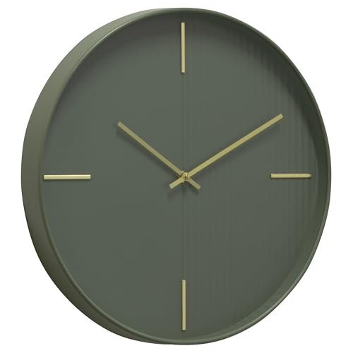 Zen Grove Minimalist Wall Clock, 15.75” Modern Green Wall Clock with Gold Accents, Subtle Stripe Face, Quartz Movement, Glass Cover, Contemporary Home Décor