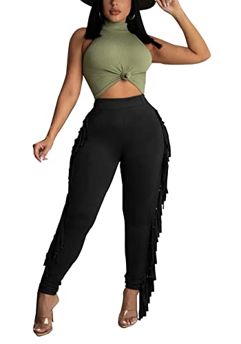 YOOTIKO Fringe Pencil Pants Comfy Ankle Length Trousers for Women High Waist Daily Party