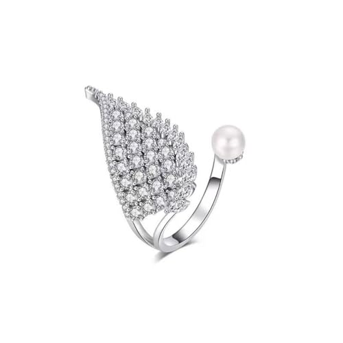 Bague femme oxyde de zirconium réglable avec perle et plume ouverte