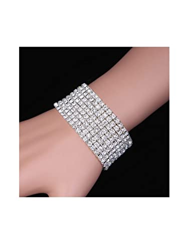 Zealmer 8 Row Rhinestone Bracelet For Women Glitter Wide Bracelet Silver For Braidal Bride Wedding 7 Inches #TOP5