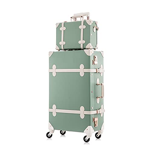 Image of UNIWALKER Vintage Suitcase Set, 2 Piece Designer Trunk Luggage Set with 12inch Cosmetic Train Case for Women, mint green, 24in+12in