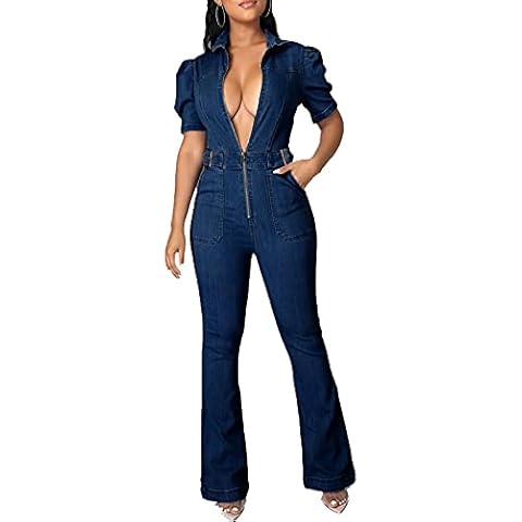 BestGirl Jean Jumpsuits for Women Casual One Piece Zip Up Short Sleeve Jeans Playsuit Overalls Cover