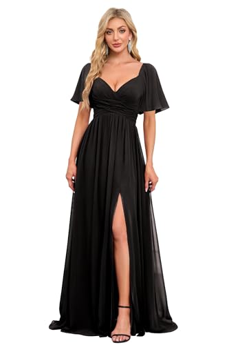 Image of Women's Flutter Sleeves Chiffon Bridesmaid Dresses with Slit Long A Line V-Neck Formal Party Dress with Pockets