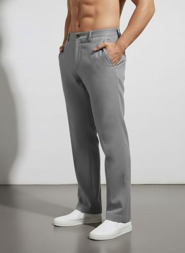 Image of Linen Pants for man | Lower for man | Chinos for Casual Wear |Straight fit Trouser for Men | Elastic Waist Brethable Summer Pants for Regular, Office Wear