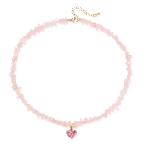 GolbalJew Rose Quartz Healing Crystal Beaded Necklace Stone Chips Beads Heart Pendant Choker Necklaces for Women Gemstone Jewelry Gifts