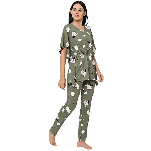 Image of Sweet Dreams Women Printed V-Neck Flared Sleeve Poly Brush Kaftaan & Pyjama Set
