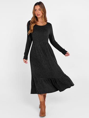 ANRABESS Womens Long Sleeve Midi Dress 2025 Fall Rib Knit Crew Neck A Line Soft Flowy Swing Dresses with Pocket Casual Trendy4