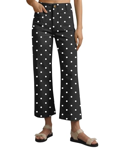 LOMON Womens High Waisted Cropped Polka Dots Jeans Casual Stretch Trendy Straight Leg Womens Pants with Pockets Black White Polka Dots