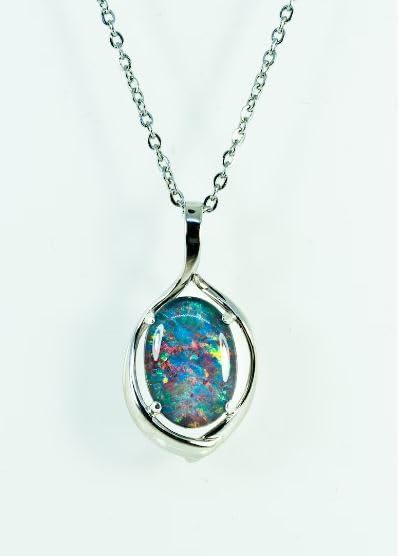 Fire Opal Gemstone Necklace - Genuine Australian Black Opal Necklace Pendant in 925 Sterling Silver Teardrop Necklace