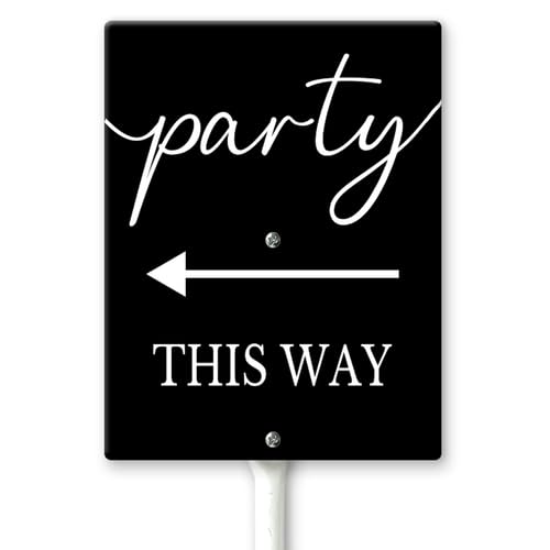 Horienteeon Party This Way With Left Arrow Directional Yard Sign with Stakes 17.5×22cm, Sturdy Aluminum Yard Signs Rust Free, Party This Way Sign With Arrow for Yard Outdoors