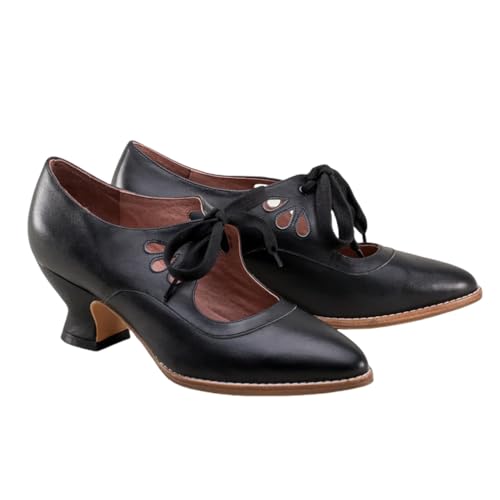 DUNHAO COS Women's Adorable Vintage Shoes Victorian Mary Jane Pumps Retro Point Toe Lace Up Shoes
