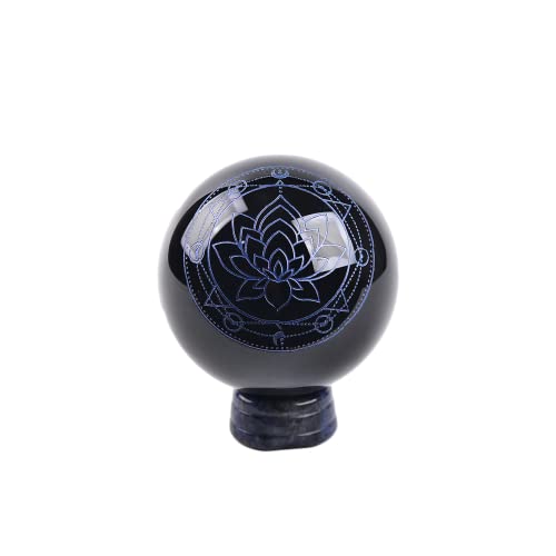 JIC Gem Obsidian Crystal Ball with Blue Sodalite Decorative Stand 3D Carving Blue Lotus Obsidian Healing Crystal Feng Shui Ball Sphere Decorative(60mm / 2.2in)