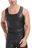 Ausing Camiseta de piel sintética para hombre, corte ajustado, camiseta musculosa, traje de fiesta, disfraz de fiesta, rave, fiesta, discoteca, deporte, S-XL, Negro Sin Mangas, L