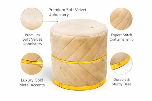 Image of Premium Velvet Puffy Ottoman Stool for Living Room | Round Footrest with Diagonal Channel Stitching & Gold Metal Base | Luxury Pouffe for Bedroom & Dressing Area