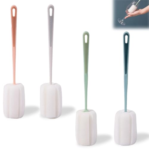 4 Pezzi Scovolino per Borraccia in Spugna, 25 CM Spazzola per Bottiglie con Manico Lungo Kit, Schiumatura Rapidapulisci Bottiglie di Vetro, 360° Pulizia Borraccia per Tazza, Bollitore, Thermos