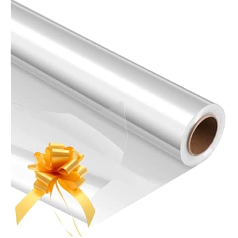 3m x 80cm Clear Cellophane Wrap & Gold Pull bow cut off large roll and folded for postage. Cellophane wrap for hampers Cover