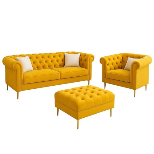 Image of Chesterfield Velvet Upholstery 3-Seater with Armchair and Footrest, Design in 3+1+Footrest Sofa for Living Room, Bedroom, Hallways (Yellow)