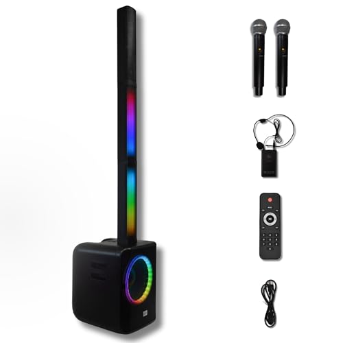 MUSYSIC Active Powered Column Line Array Portable PA System, 2000W Peak Power, 12 Inch Bass, Bluetooth, Dual Wireless UHF Microphones, for Professional Live Bands, DJs, Events, Outdoor