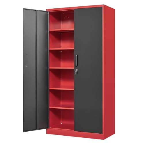 Image of Yizosh Metal Garage Storage Cabinet with 2 Doors and 5 Adjustable Shelves - 71 inch Steel Lockable File Cabinet,Locking Tool Cabinets for Office,Home,Garage,Gym,School (Red Black)