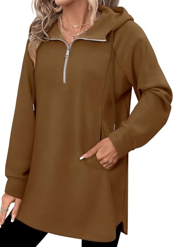 onlypuff Women Hoodie Pullover Trendy Quarter Zipper Lapel Sweatshirts Drawstring Cute Hooded Tunic Tops with Side Pockets