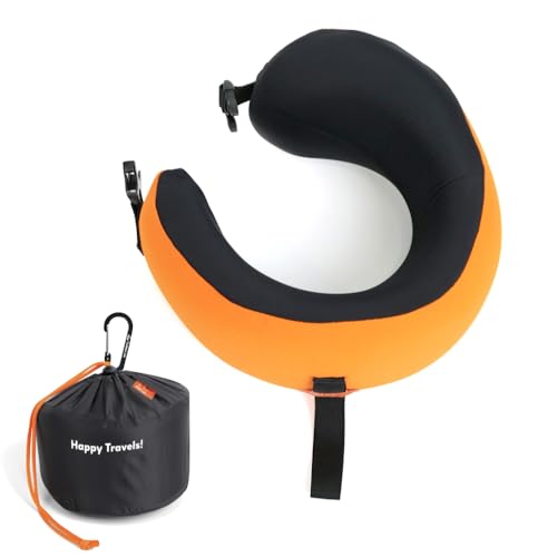 Image of C CUSHION LAB Travel Pillow, Award-Winning Patented Ergonomic Design for Chin & Neck Support Memory Foam Neck Pillow, Compact Airplane Pillow for Traveling, Flight, Car (Dynamic Orange, Medium)