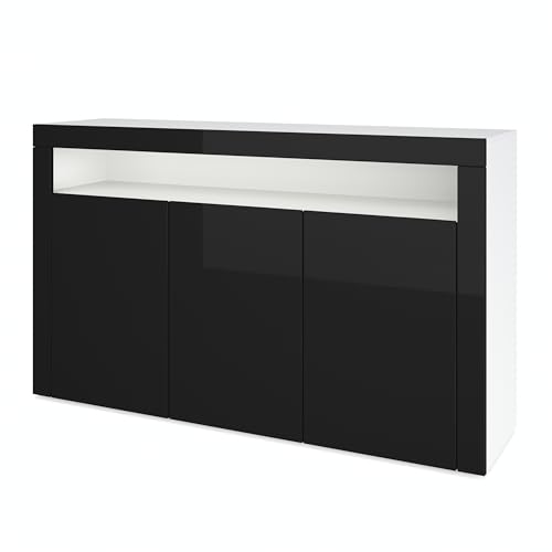 Vladon Buffet Valencia, Commode avec 3 Portes et 1 Compartiment Ouvert, Blanc Mat/Noir Haute Brillance/Noir Haute Brillance (155 x 92 x 40 cm)