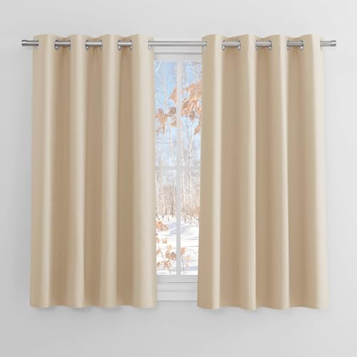 PONY DANCE Thermal Insulated Energy Saving Curtains with Eyelet for Bedroom, Beige 54 Inch Drop Short Curtains for Window Treatment Drapes, W46 X L54, 2 Panels, Biscotti Beige