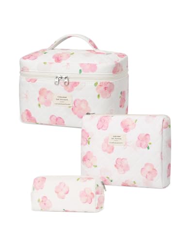 Gosect Makeup Bag, Large Quilted Cosmetic Bag, Big Floral Make Up Bag for Women Girls, Cute Cotton Makeup Bag Set, Flower Travel Toiletry Organizer Bag（Pink Peach Blossom）