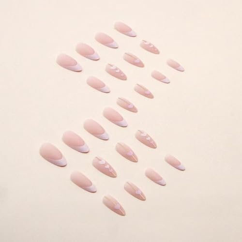 Image of Pink French Tip Press on Nails Heart Fake Nails with Gold Line Design Love Glue on Nails Glossy Acrylic Full Cover Nude Pink Stick on Nail Medium Stiletto False Nail for Women Manicure 24Pcs