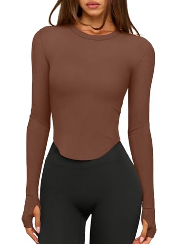 LASLULU Womens Ribbed Long Sleeve T Shirts Seamless Yoga Pilates Sports Shirt Flowy Casual Basic Cropped Going Out Tops(Coffee Large)
