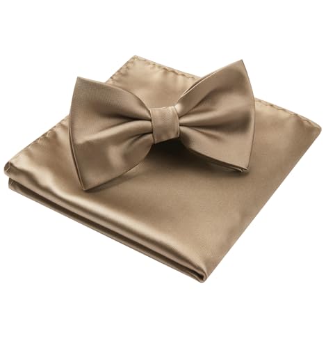 Image of HISDERN Bow Ties for Men Solid Color Pre-Tie Bow Tie and Pocket Square Set Classic Formal Tuxedo Bowties for Wedding Party