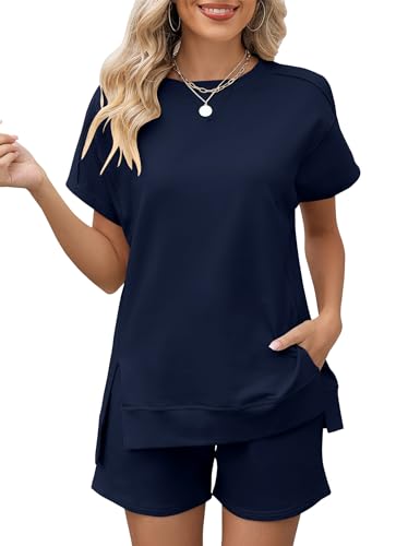 Image of LOMON Womens Fashion 2 Piece Outfits Sweatsuits 2026 Summer Short Sleeve Loungewear Tracksuit Round Neck Lounge Shorts Sets