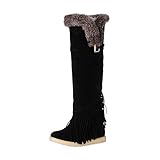 Knee High Tall Snow Boots for Women Fashion Buckle Fringe Long Boots Waterproof Stretch Faux Fur Collar Slip-on Boot