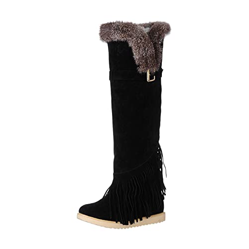 Knee High Tall Snow Boots for Women Fashion Buckle Fringe Long Boots Waterproof Stretch Faux Fur Collar Slip-on Boot
