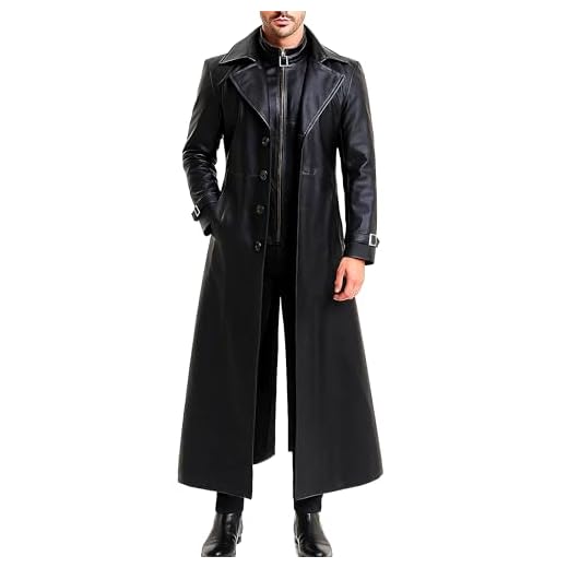 LP-FACON Casaco masculino de couro preto trespassado duplo - jaqueta longa vintage alemã clássica de oficial da Segunda Guerra Mundial, Couro legítimo Wesker preto, G