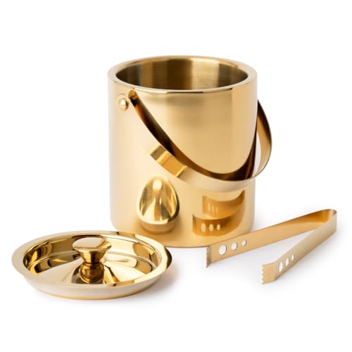 Image of Shiny PVD Gold Stainless Steel Double Walled Ice Bucket with Tong (1.7 litres) | Insulated Ice Box Small, Ice Cube Box | Wedding for Couple, Home Bar Gift Set