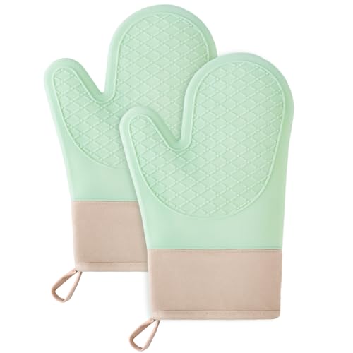 Guantes de Horno Resistente al Calor, 2PCS Guantes de Horno de Silicona, Guantes de Horno una Superficie Antideslizante de Silicona, Interior de algodón, Verde, Resistente al Calor hasta 350°C