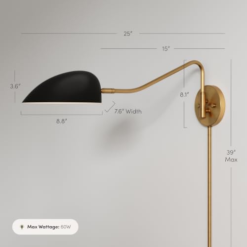 Image of Nathan James Bilson Plug-in Wall Sconce with Black Dome Shade and Brass Swing Arm, Vintaged Brass /Black