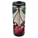 FekiLoot Cherry Fruit Water Bottle Vacuum Insulated Stainless Steel Tumbler Hot Coffee Travel Mug with Leak-Proof Lid Reusable Double Wall Coffee Cup