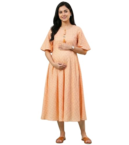 Image of DUMMY SHAPE Feeding Nighty | Maternity Dresses for Women Cotton Blend | Floral Pink Anarkali Kurta with Dual Nursing Zippers for Pregnancy & Breastfeeding | Gifts for Pregnant Women (