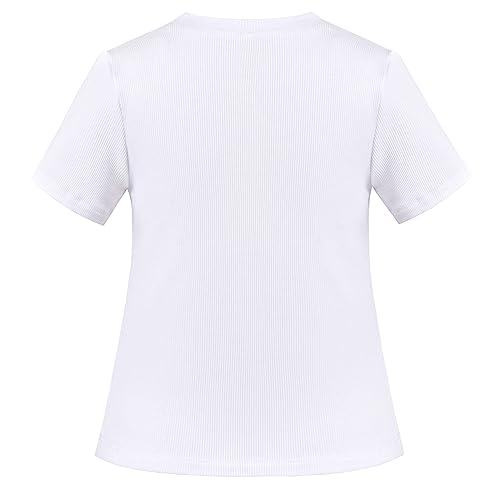 Image of Sunny Fashion Girls T-Shirt Crop Top Brown Lettuce Trim Ribbed Knit Button Casual