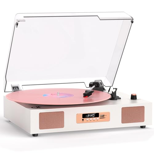 Image of Vinyl Record Player Bluetooth Streaming, 3-Speed Belt-Drive Turntable with Dust Cover, Built-in Speakers, Plug & Play for Beginners, USB Recording, AUX Input, RCA Output