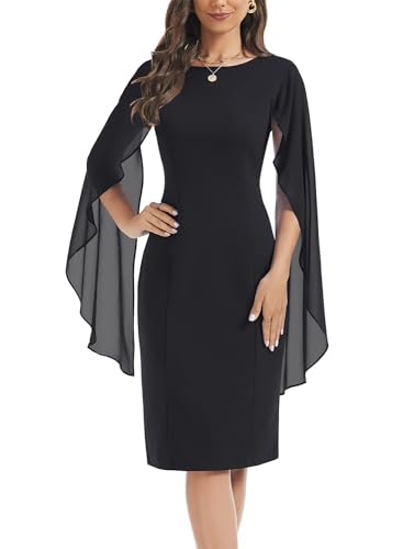 Image of HELYO Women's Chiffon Cloak Sleeve Mini Cape Dress V-Back Semi-Formal Elegant Bodycon Wedding Guest Evening Cocktail Dresses