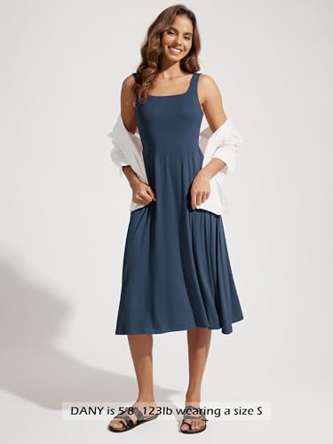 Image of ODODOS Square Neck Midi Dress with Pockets for Women Summer Casual Sleeveless Sundress Flare Tank Dress