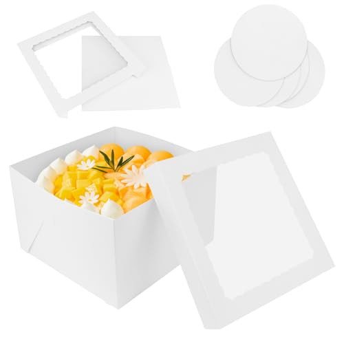 KILDOWS 5 Pièces Boîte à Gâteau, Boîtes à Pâtisserie en Carton avec Fenêtre Transparente Boite Transport Gateau Blanc avec Plateau Rond pour Anniversaire Mariage...